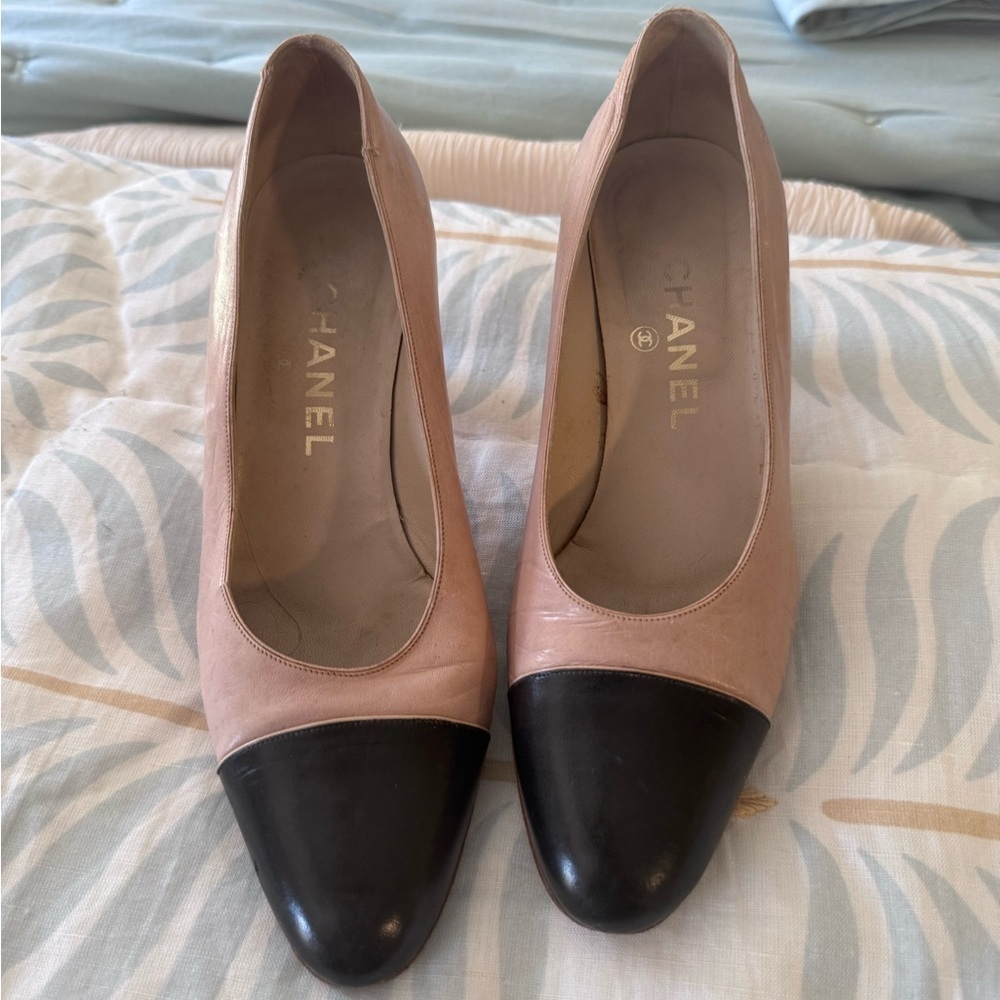 Chanel Pink and Black Leather Cap-Toe Pumps
